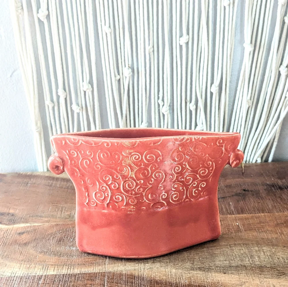 One-of-a-Kind Coral Ceramic Envelope Vase – Handcrafted Textured Design